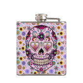 Kleurrijke Retro Bloemen Schedel Roze Tint 2 Heupfles (Achterkant)