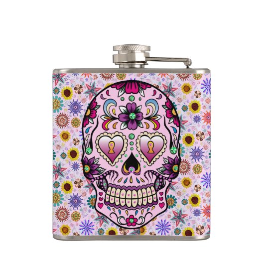 Kleurrijke Retro Bloemen Schedel Roze Tint 2 Heupfles (Achterkant)