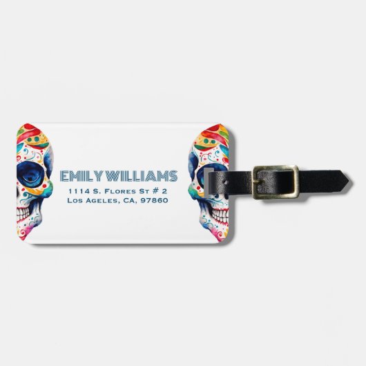 Kleurrijke Retro Bloemen Suiker Schedel Monogram Bagagelabel (Voorkant horizontaal)