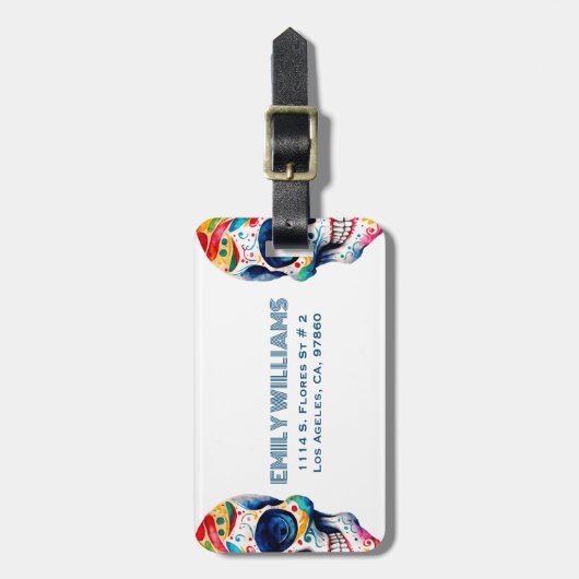 Kleurrijke Retro Bloemen Suiker Schedel Monogram Bagagelabel (Voorkant verticaal)