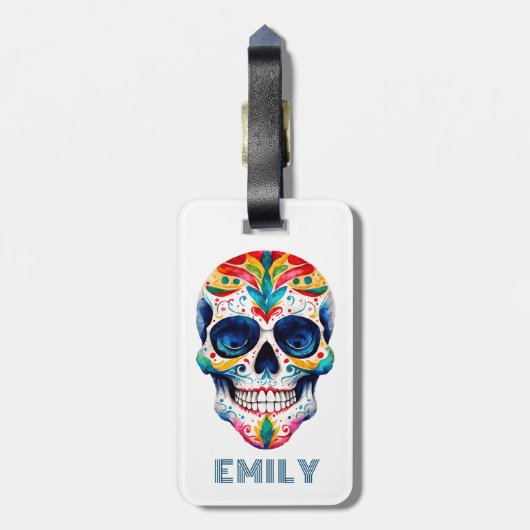 Kleurrijke Retro Bloemen Suiker Schedel Monogram Bagagelabel (Achterkant verticaal)