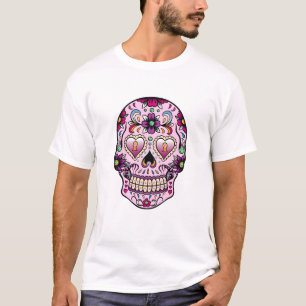 Kleurrijke Retro Bloemen Suiker Schedel Roze Tint T-shirt