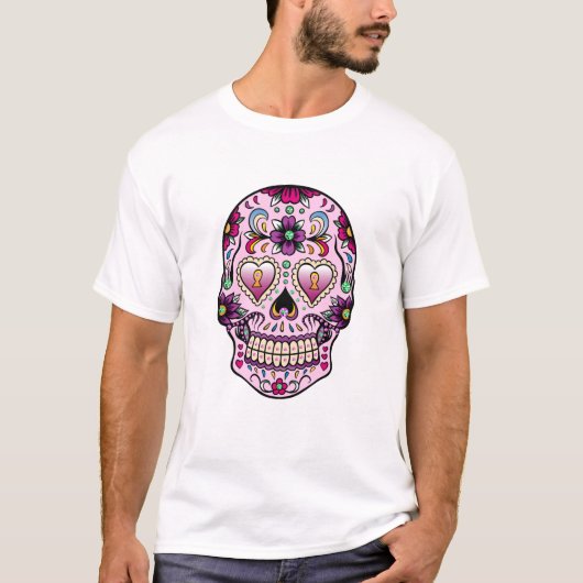 Kleurrijke Retro Bloemen Suiker Schedel Roze Tint T-shirt (Voorkant)