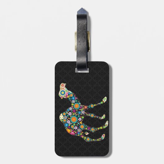 Kleurrijke Retro Bloemenkameel & Zwarte Damasks Bagagelabel (Achterkant verticaal)