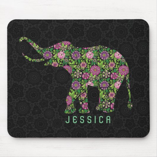 Kleurrijke Retro Bloemenolifant Monogramed Muismat (Voorkant)