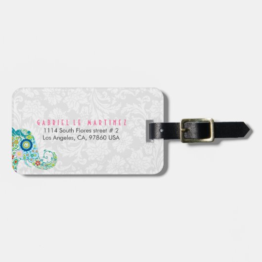 Kleurrijke Retro Bloemenolifant Witte Damasks Bagagelabel (Voorkant horizontaal)