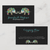 Kleurrijke Retro Bloemenolifanten & Zwarte Damaske Visitekaartje (Voorkant / Achterkant)