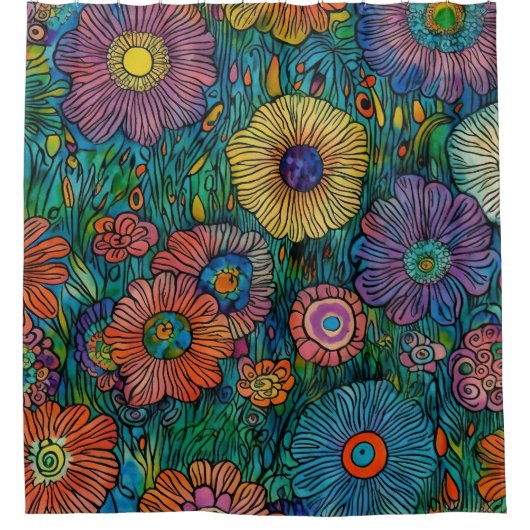 Kleurrijke Retro bloementuin Douchegordijn (Voorkant)