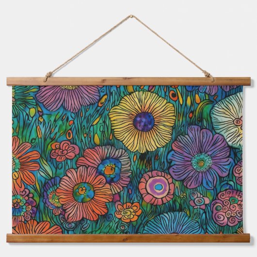 Kleurrijke Retro bloementuin Hangend Wandkleed (Voorkant)
