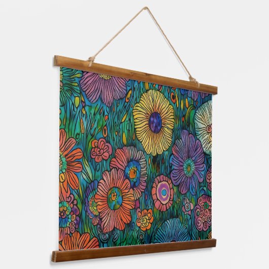 Kleurrijke Retro bloementuin Hangend Wandkleed (Gebogen)