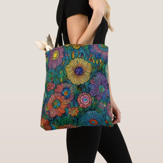 Kleurrijke Retro bloementuin Tote Bag (Dichtbij)