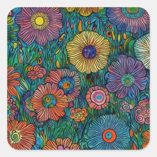 Kleurrijke Retro bloementuin Vierkante Sticker (Voorkant)