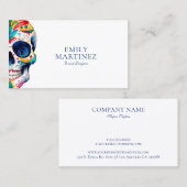 Kleurrijke retro bloemige suikerschedel op wit visitekaartje (Voorkant / Achterkant)