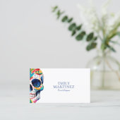 Kleurrijke retro bloemige suikerschedel op wit visitekaartje (Staand voorkant)