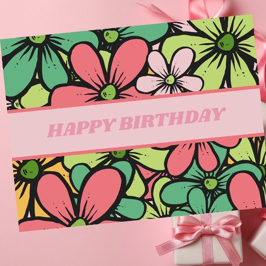 Kleurrijke Retro Boho Bloemen Gelukkige Verjaardag Briefkaart