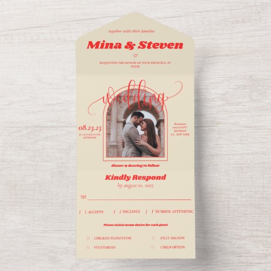 Kleurrijke Retro boog foto bruiloft All In One Uitnodiging (Binnen)