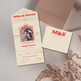 Kleurrijke Retro boog foto bruiloft All In One Uitnodiging