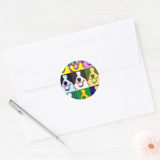 Kleurrijke Retro Border Collie Pop Art Ronde Sticker (Envelop)