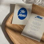Kleurrijke Retro Bright Funky Modern Dinner Bruilo Menu<br><div class="desc">Een kleurrijke retro funky moderne lichte bruiloft diner menu. Wat een chique sjabloon ontwerp van boho  beige melkachtige achtergrond en blauw typografie en  vet menu in het blauw. Perfect en eenvoudig bewerkbaar menu dat overeenkomt met de hele suite.</div>
