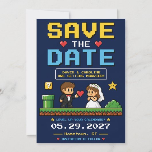 Kleurrijke Retro Bruiloft Videospel Pret Save The Date (Voorkant)