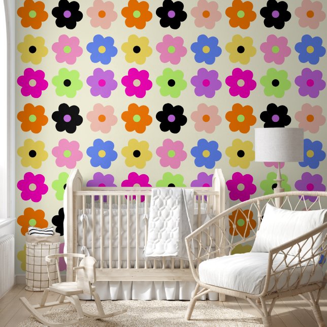 Kleurrijke Retro Daisies Minimalistische BOHO Chic Behang (Kinderen)