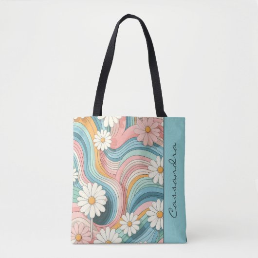 kleurrijke Retro Daisy Flower Power Naam Tote Bag (Voorkant)