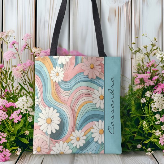 kleurrijke Retro Daisy Flower Power Naam Tote Bag