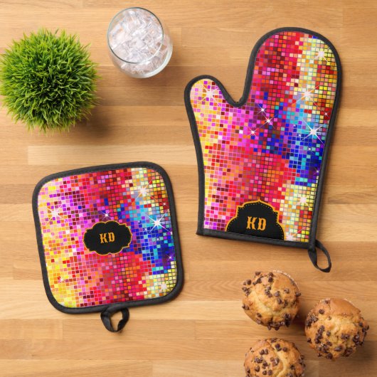 Kleurrijke Retro Disco Mirror Squares Patroon Ovenwant & Pannenlap Set (Top down)