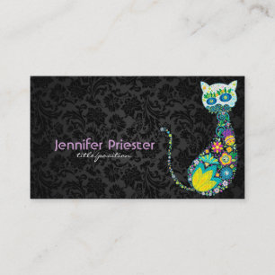Kleurrijke Retro Floral Cat & Black Damasks Visitekaartje