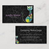 Kleurrijke Retro Floral Cat & Black Damasks Visitekaartje (Voorkant / Achterkant)