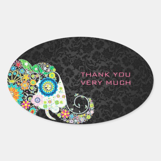 Kleurrijke Retro Floral Elephant & Black Dammasker Ovale Sticker (Voorkant)