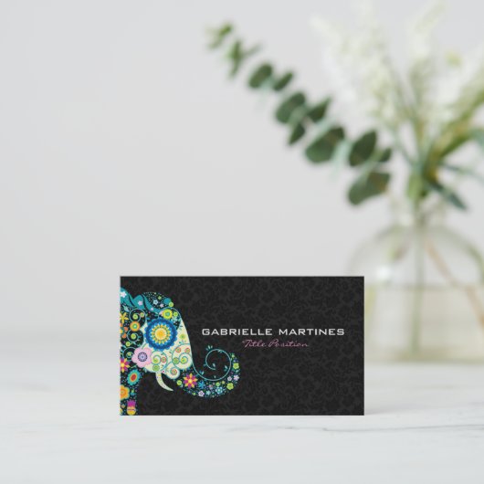 Kleurrijke Retro Floral Elephant & Black Dammasker Visitekaartje (Staand voorkant)