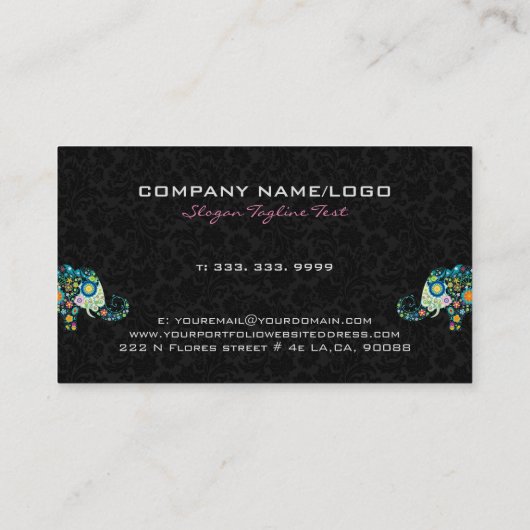 Kleurrijke Retro Floral Elephant & Black Dammasker Visitekaartje (Achterkant)