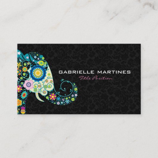 Kleurrijke Retro Floral Elephant & Black Dammasker Visitekaartje (Voorkant)