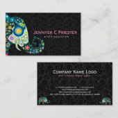 Kleurrijke Retro Floral Elephant & Black Dammasker Visitekaartje (Voorkant / Achterkant)