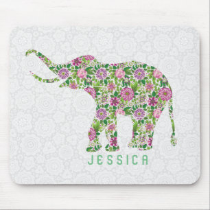 Kleurrijke Retro Floral Elephant on White Muismat