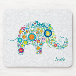 Kleurrijke Retro Floral Elephant & White Damkers Muismat