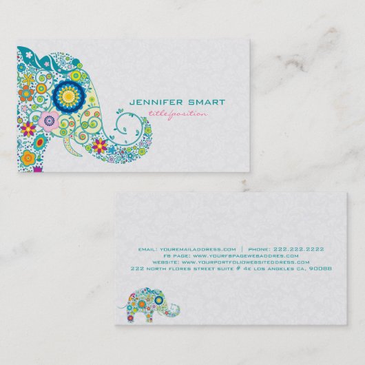 Kleurrijke Retro Floral Elephant & White Damkers Visitekaartje (Voorkant / Achterkant)