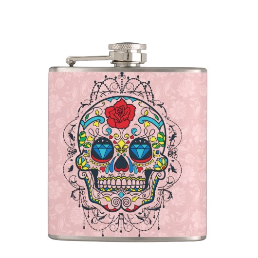Kleurrijke retro Floral Sugar Skull Red Rose 2d Heupfles (Voorkant)
