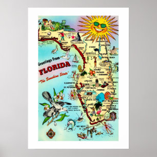 Kleurrijke Retro Florida 20x28 Kaart Afdrukken Poster