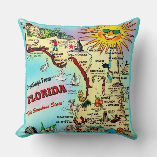 Kleurrijke Retro Florida Kaart Worp Kussen (Voorkant)