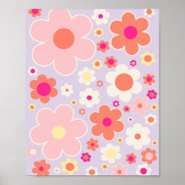 Kleurrijke Retro Flowers Lila Roze Sinaasappel Poster