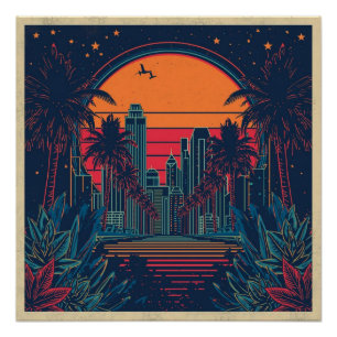 Kleurrijke Retro Futuristische Doodle Stijl Skylin Perfect Poster