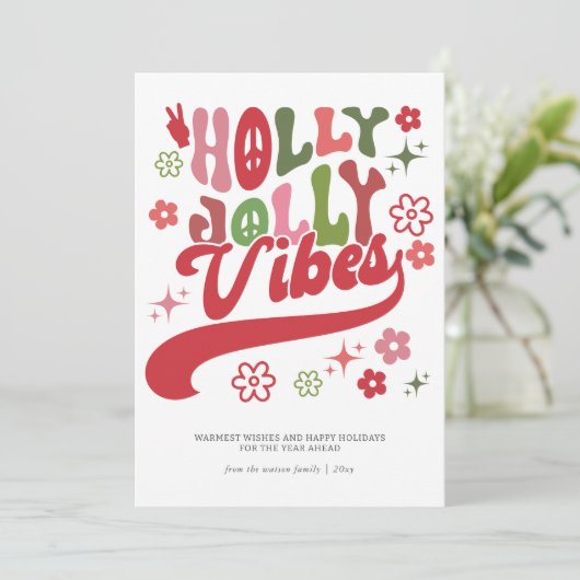 Kleurrijke Retro Groovy Holly Jolly Vibes Typograf Feestdagenkaart (Staand voorkant)