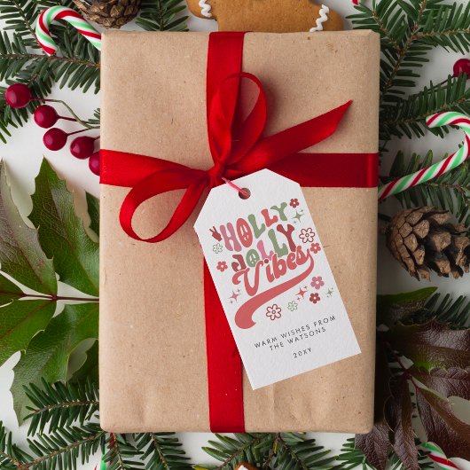 Kleurrijke Retro Groovy Holly Jolly Vibes Vakantie Cadeaulabel