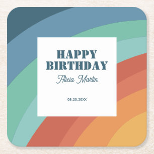 Kleurrijke Retro Groovy Rainbow Happy Birthday Kartonnen Onderzetters