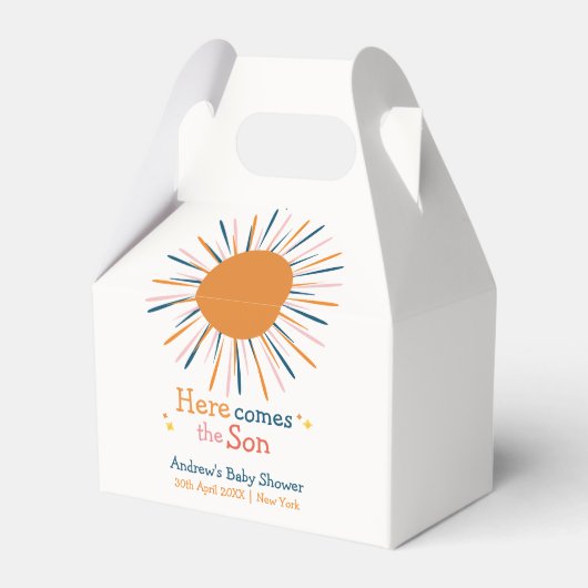 Kleurrijke retro hier komt het Son Baby shower Bedankdoosjes (Voorkant Zijde)