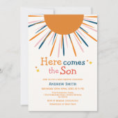 Kleurrijke retro hier komt het Son Baby shower Kaart (Voorkant)