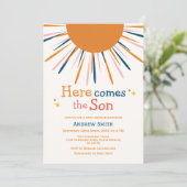 Kleurrijke retro hier komt het Son Baby shower Kaart (Staand voorkant)