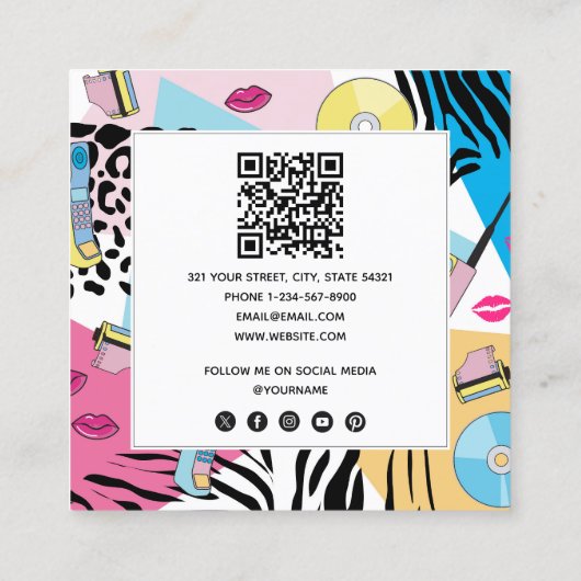 Kleurrijke Retro jaren negentig QR Code Social Med Vierkante Visitekaartje (Achterkant)